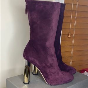 Purple suede back zip mirror heel bootie